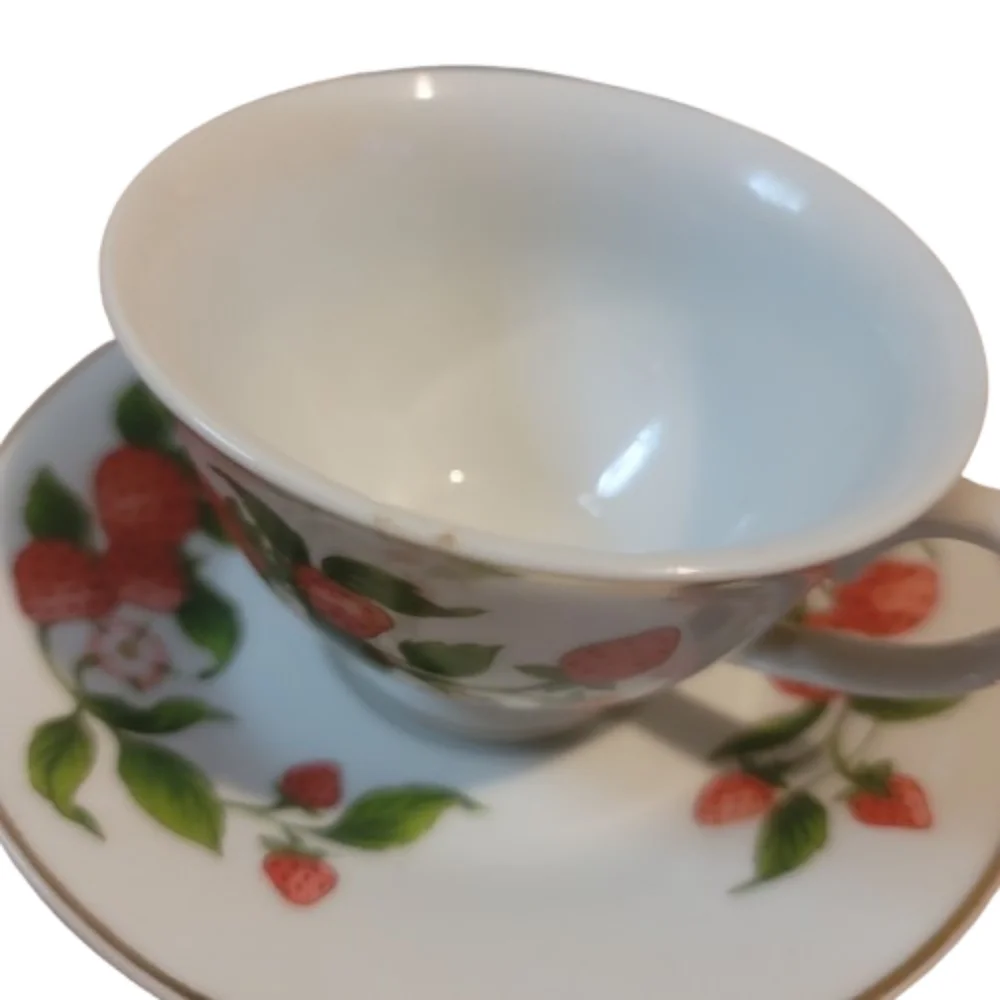 Vintage Teleflora Strawberry Patterned Cup and Saucer Set With Stand Cottagecore